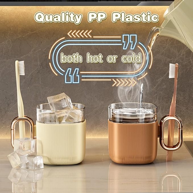 Mouthwash Cups with Hollow Out Handle, Toothbrush Holders, Mug for Mouth-Rinsing, Toothbrush Cups, Plastic Toothbrush and Toothpaste Organizer for Bathroom (Brown)