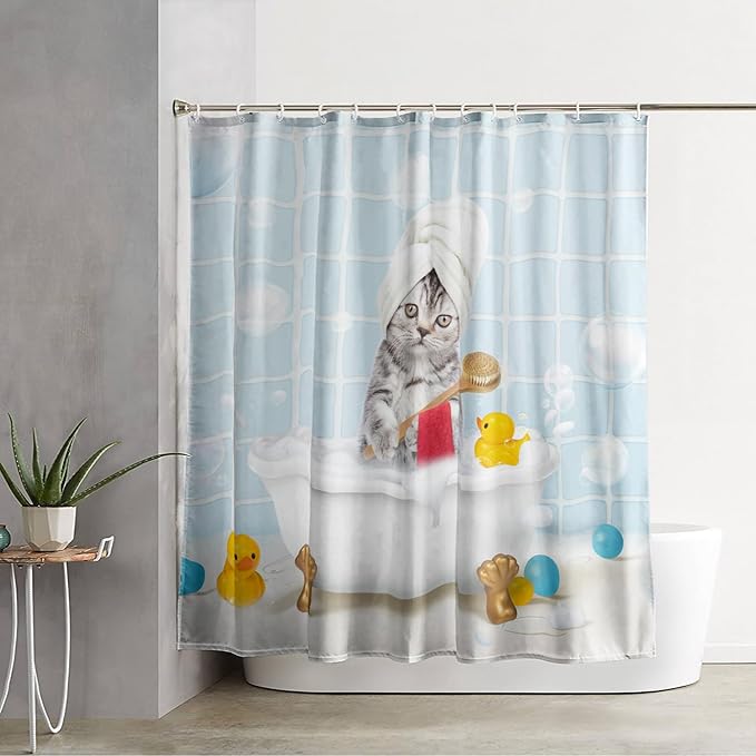 AILONEN 3D Bathtub Cat Shower Curtain for Kids 48" W*72" H Kawaii Shower Cat Shower Curtain,Polyester Waterproof Fabric Decor for Bathroom Bathtub Panels