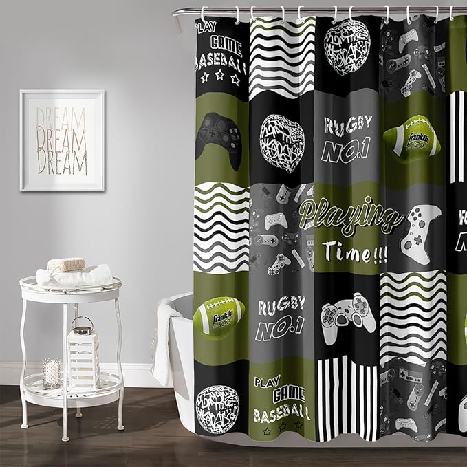 AILONEN Gamer Shower Curtain,Olive Green Ball Sports Waterproof Fabric Shower Curtain for Boys Kids Teens, 72" W*72" H Gaming Gamer Theme Shower Curtain Sets