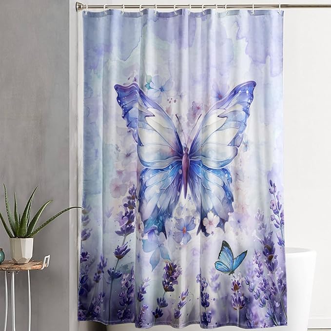 AILONEN Beautiful Butterfly Shower Curtain,Purple Butterfly Bath Curtain for Bathroom for Girls,Lavender Flower Shower Curtain,Watercolor Tie Dye Shower Curtain Set with Hooks,48" W*72" H