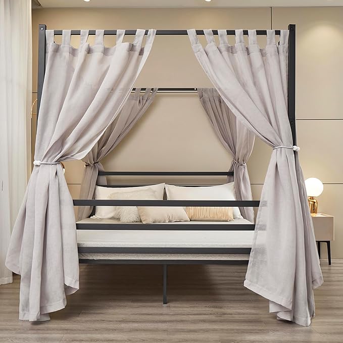 Mengersi Linen Canopy Bed Curtains for Twin,Full,Queen and King Size Bed,Bed Canopy Natural Blended Curtain Panels, 8 Panels Set (All Bed Sizes, Gray)