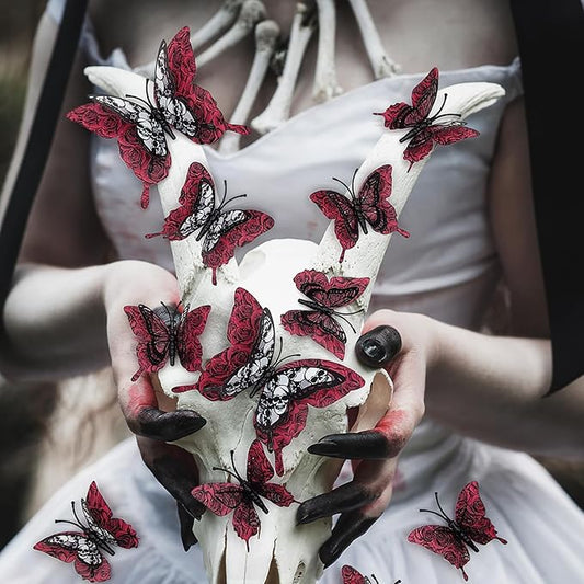 Halloween Wall Stickers 12Pcs Butterfly Wall Decor Red Roses Skull Design Halloween Wall Decorations 3D Butterflys Wall Decals Reusable Wall Stickers Decor for Halloween Home Door DIY Accessories