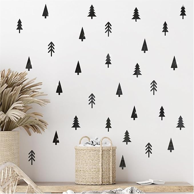 Pine Tree Wall Stickers 3D Acrylic Mirror Wall Stickers Decor Black Small Tree Wall Decals Peel and Stick Pine Tree Art Decals Acrylic Wall Stickers for Nursery Kids Bedroom Decor