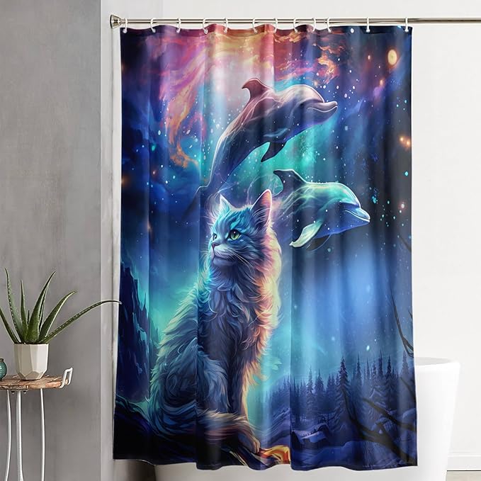 AILONEN 3D Kawaii Cat Shower Curtain Set,Cat Lovers Animal Waterproof Fabric Bath Curtain for Kids Girls,Jumping Dolphin Shower Curtain,Starry Night Shower Curtains for Bathroom Decor, 72" W*96" H