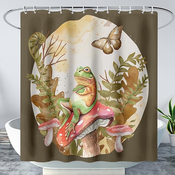 AILONEN Green Frog Mushroom Shower Curtain,Red Mushroom Waterproof Fabric Bath Curtain for Kids Girls Boys,Boho Aesthetic Minimalist Shower Curtain Set for Bathroom with Hooks,72" W*72" H
