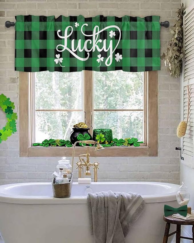 St. Patrick's Day Buffalo Plaid Kitchen Curtains Valances for Windows Lucky Shamrocks Clover Rod Pocket Window Treatment for Kitchen /Living Room/Bedroom/ Bathroom, 42" X 12", Rustic Green Black