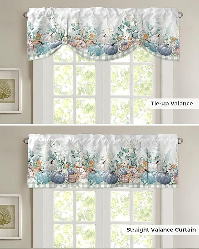 Fall Thanksgiving Blackout Tie Up Valance Curtains for Kitchen Windows Navy Blue Pumpkins Green Eucalyptus Leaves Window Toppers Balloon Shades for Living Room/Bathroom/Bedroom,60" X 18",Sage Plaid