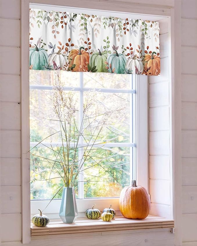 Fall Thanksgiving Kitchen Curtains Valances for Windows Autumn Pumpkins Eucalyptus Leaves Rod Pocket Window Treatment for Kitchen /Living Room/Bedroom/ Bathroom, 60" X 18", Blue Sage Green Orange