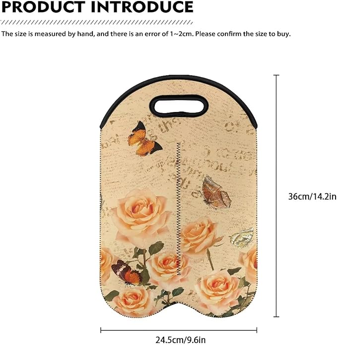 doginthehole 2 Bottle Neoprene Wine/Water Bottle Holder Vintage Yellow Rose Butterfly Print Wine Protective Case for Women Wine Lovers Portable Wine Carrier Tote Bag for Travel Picnic Dinner Wedding