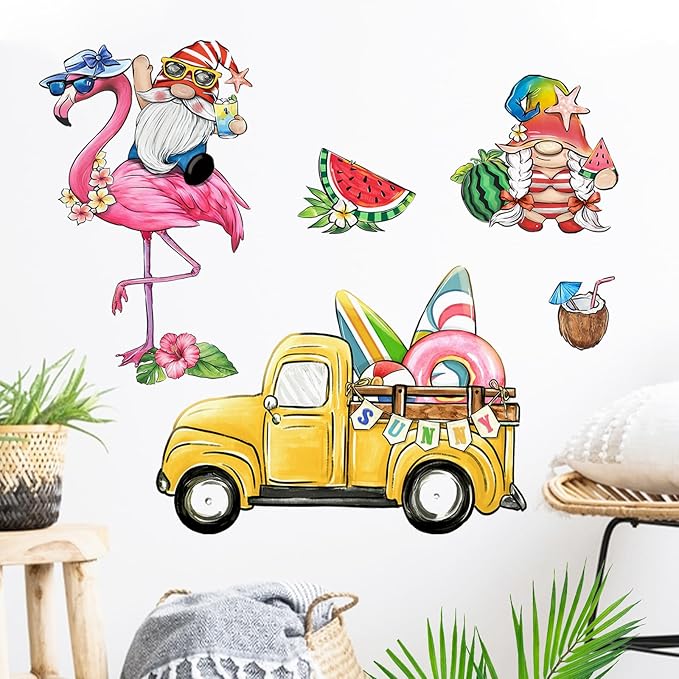 Mfault Summer Gnome Wall Decals Stickers, Sunny Flamingo Yellow Truck Farmhouse Decorations Bedroom Art, Tropical Watermelon Coconut Seasonal Home Kitchen Hawaii Holiday Decor
