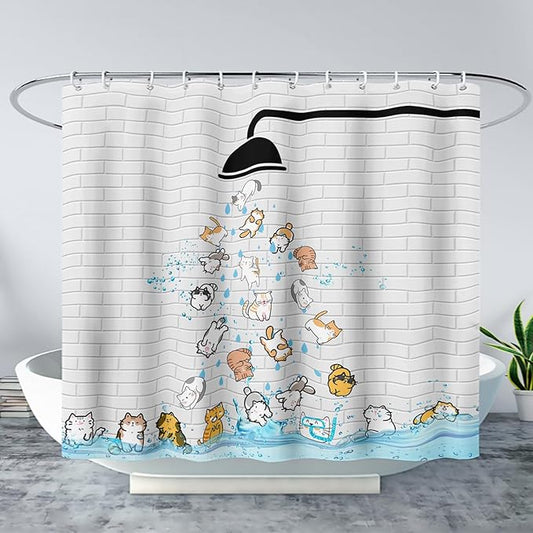AILONEN Cute Cat Shower Curtain for Kids 72" W*72" H Inch,Colorful Animals Playing Water Kids Lovely Funny Hilarious Shower Curtain,12 Pack Hooks Polyester Waterproof Fabric Decor for Bathroom