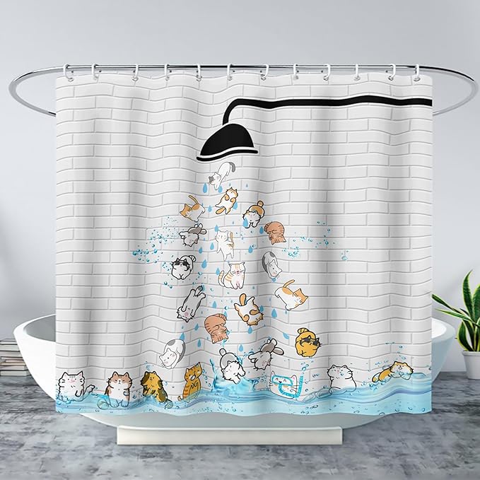 AILONEN Cute Cat Shower Curtain for Kids 72" W*84" H Inch,Colorful Animals Playing Water Kids Lovely Funny Hilarious Shower Curtain,12 Pack Hooks Polyester Waterproof Fabric Decor for Bathroom