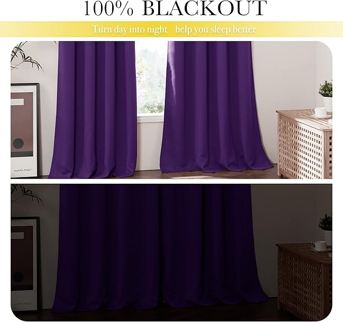 NICETOWN Purple Truly Blackout Drapes for Living Room, Heavy-Duty Full Light Shading Curtains with Same Color Liner Backing for Villa/Hall/Dorm Window（Royal Purple, 2 PCs, 52 inches W x 95 inches L