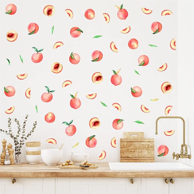 Peach Wall Decals Fruit Wall Stickers Peel and Stick Boho Wall Decals Fruit Leaf Wall Decals Kitchen Wall Stickers Cute Fruit Wall Decals for Nursery Bedroom Kids Room Kitchen Decor