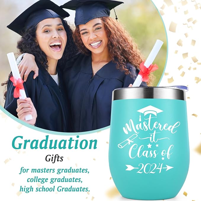 Lifecapido Graduation Gifts, Mastered it Class of 2024 12oz Wine Tumbler with Keychain, 2024 High School College Masters Degree PHD Graduation Gifts for Her Graduates Friends Classmates, Aqua Blue