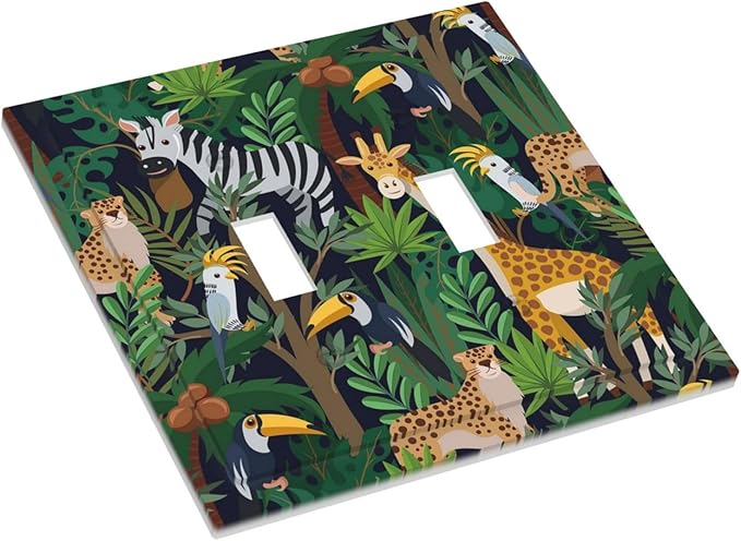 Cartoon Animal Zebra Leopard Giraffe Bird Leaf Double Toggle Nursery Light Switch Covers Decorative 2 Gang Wall Plate Dual Electrical Faceplate Switchplate for Kidroom Living Room Decor