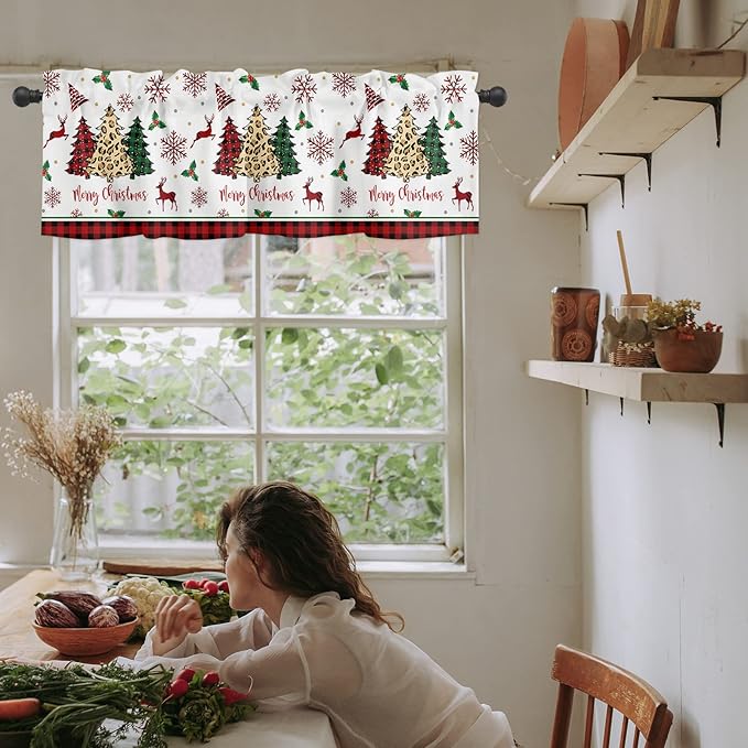Merry Christmas Kitchen Curtains Valances for Windows Farm Christmas Tree Buffalo Plaid Leopard Rod Pocket Window Treatment for Kitchen/Living Room/Bedroom/Bathroom,42" X 18" -1 Panel, Holiday Decor