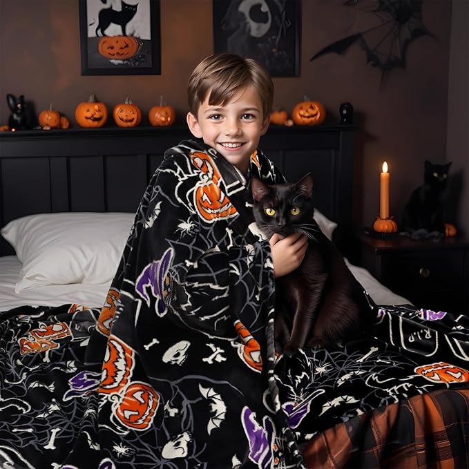 Halloween Blanket Pumpkin Glow in The Dark Blanket Cat Halloween Decorations Cute