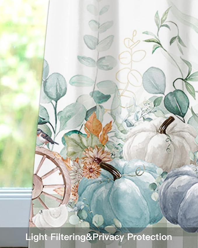 Fall Thanksgiving Kitchen Curtains Valances for Windows Navy Blue Pumpkins Green Eucalyptus Leaves Rod Pocket Window Treatment for Kitchen /Living Room/Bedroom/ Bathroom 60" X 18",Sage Farmhouse Plaid