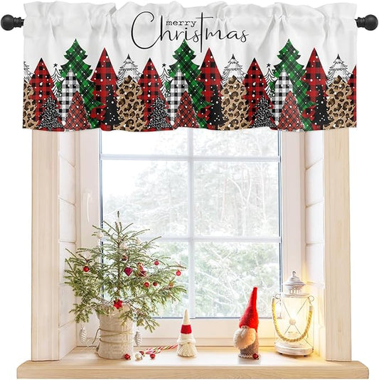 Merry Christmas Valance Curtains for Kitchen Windows Buffalo Plaid Xmas Tree Winter Forest Farmhouse Rod Pocket Window Treatment Toppers for Kitchen/Living Room/Bedroom/Bathroom, 60" X 18",Red Green