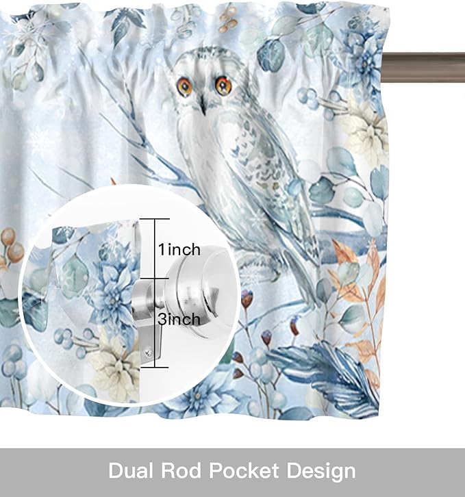 Blue Christmas Valance Curtains for Kitchen Windows Winter Snowy Owl Poinsettia Eucalyptus Leaves Rod Pocket Window Treatment Toppers for Kitchen/Living Room/Bedroom/Bathroom, 54" X 18",