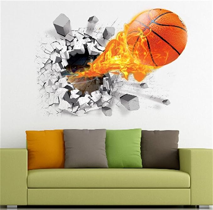 3D Fire Car Wall Sticker Decal Crack Hole fire Car Wall Art Decal Removable Broken Smashed Car Decoration Mural for Boys Bedroom Baby Kids Nursery Room (3D Fire Basketball)