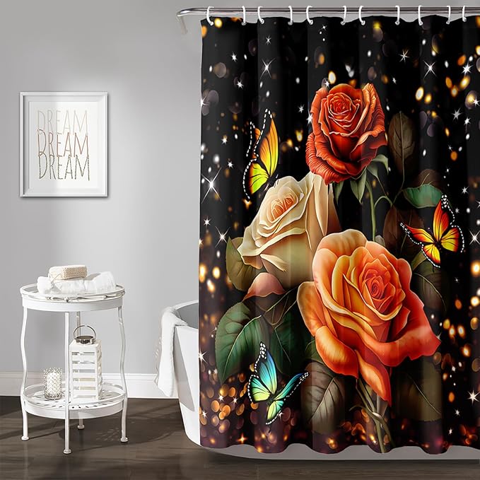 AILONEN Rose Flower Shower Curtain for Bathroom, Glitter Starry Flower Print Bath Curtain,Modern Botanical Floral Butterfly Waterproof Shower Curtain Decoration with 12 Plastic Hooks, 72" W*72" H