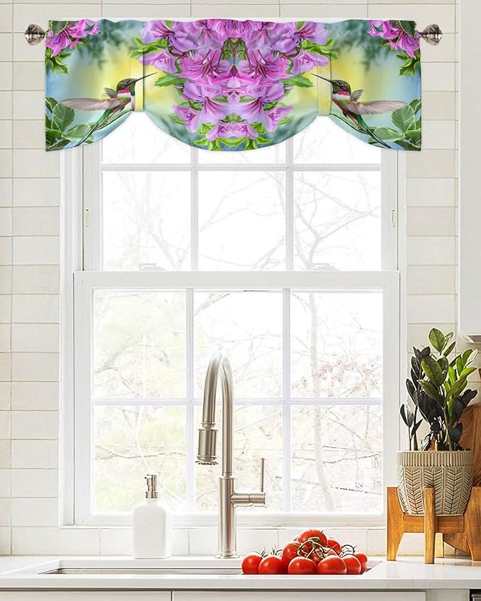 Pink Flowers Blackout Tie Up Valance Curtains for Kitchen Windows Hummingbird Window Toppers Balloon Shades for Living Room/Bathroom/Bedroom,1 Panel,54" X 18"