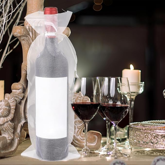 Trinkrittey 30 Pcs Organza Wine Bags 14.6" x5.5" White Organza Wine Bags Wine Bottle Gift Bags with Drawstrings Sheer Mesh Wine Gift Pouches for Wedding Festival Party Birthday