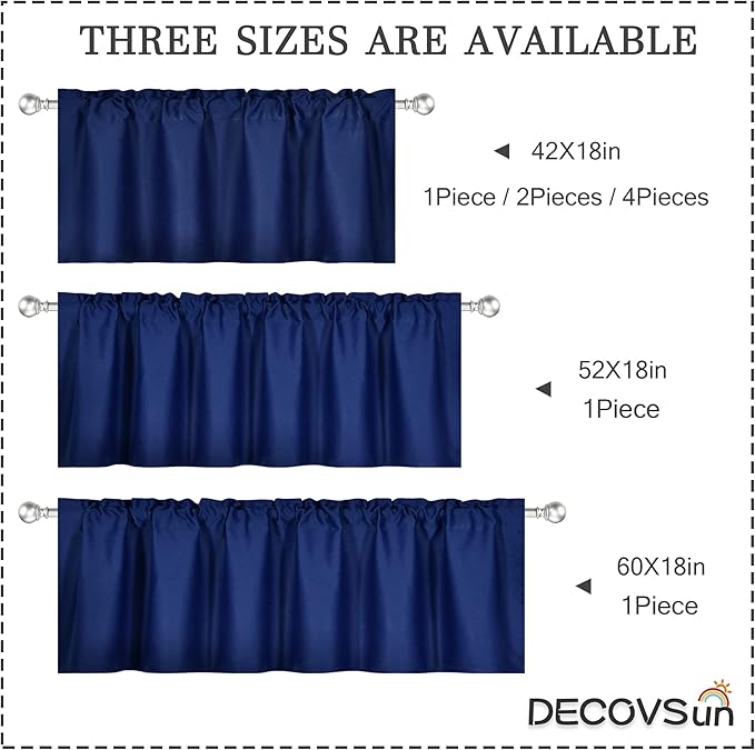 Navy Valance for Windows 42x18 Inch Solid Thermal Insulated Blackout Rod Pocket Kitchen Short Curtain Toppers Valance for Bathroom Living Room 2 Panels