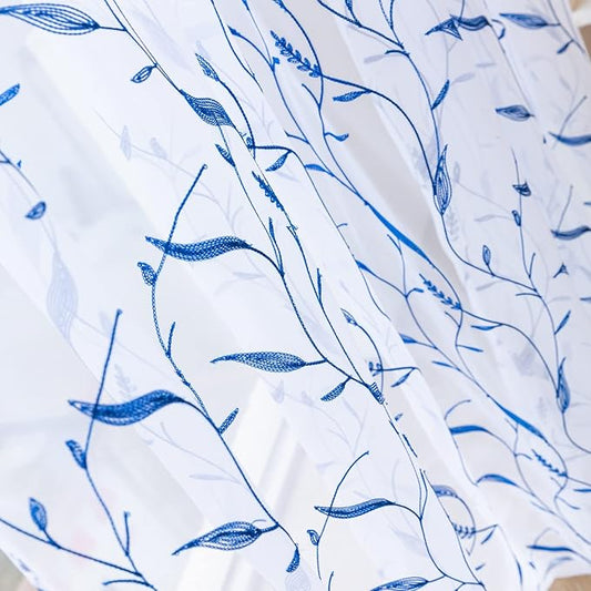 Windows Sheer Curtains Embroider Blue Leaf 72 Inches Length 2 Panels Voile Light Filtering Sheer Curtains Panel Basic Rod Pocket for Bedroom Living Room Children Room
