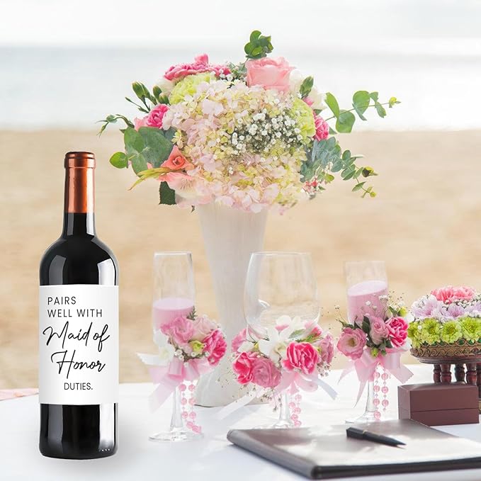24Pcs Maid of Honor Wine Labels, Bridesmaid Proposal Gifts, Wedding Engagement Gift for Maid of Honor Bridesmaid Wine Label, Pairs Well with Maid of Honor Duties Wine Bottle Stickers Labels