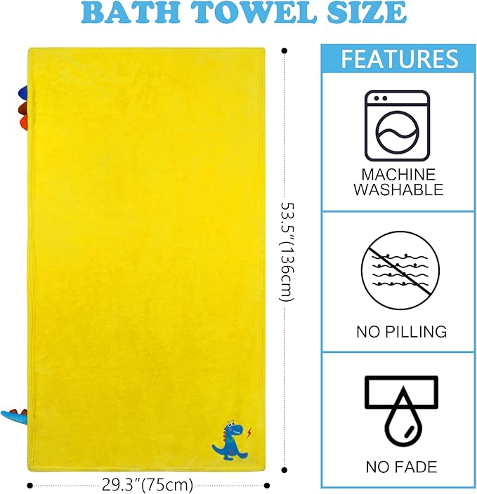 Kids Beach Towels Cute 3D Embroidery Dinosaur Super Absorbent Warm Coral Fleece Blanket Pool Bath Towel Wrap for Boys Girls, Measures 53.5 x 29.3 Inches