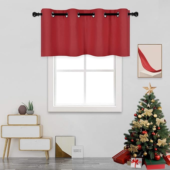 Christmas Red Valance for Kitchen Blackout Grommet Curtain Valance Window Treatment for Living Room Short Straight Drape Valance for Bedroom Kids Room/Basement/Loft 52X18 Inch Long 1 Panel