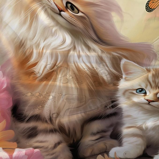 AILONEN Cartoon Kawaii Cat Shower Curtain for Kids Girls, 3D Cat Mum and Son with Flower Shower Curtain for Bathroom Decor,Cat Lovers Animal Waterproof Shower Curtains Sets with Hooks,36" W*72" H