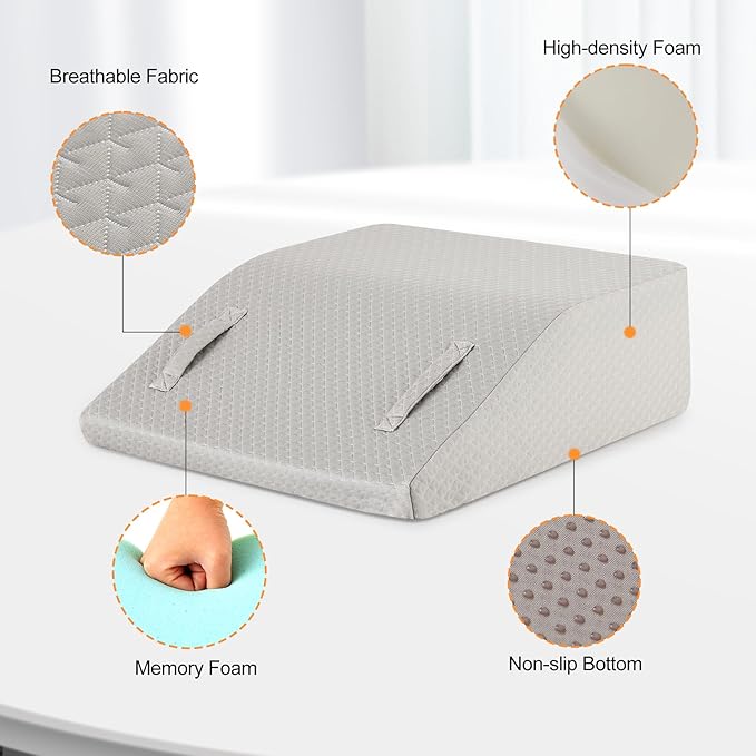 Leg Elevation Pillows for Sleeping, Memory Foam Wedge Pillow for Legs, Knee Wedge Pillow for After Surgery, Swelling, Back Pain and Circulation, Non-Slip Bottom, Removable Cover (6 Inch, Grey)
