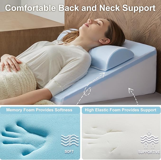Wedge Pillow, 7” Bed Wedge Pillow for Sleeping, Elevate Incline Pillow for Adults, Memory Foam Wedge with Washable Case, Ideal for Rest & Relax