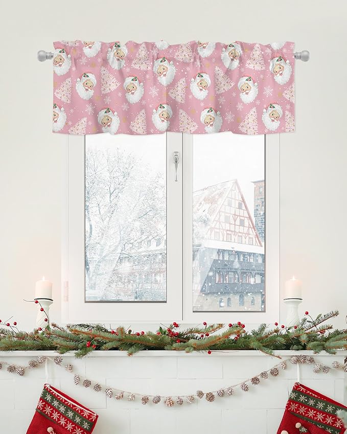 Pink Christmas Valance Curtains for Kitchen Windows Santa Claus Merry Christmas Tree Rod Pocket Window Treatment Toppers for Kitchen/Living Room/Bedroom/Bathroom, 42" X 18", Winter Snowflake