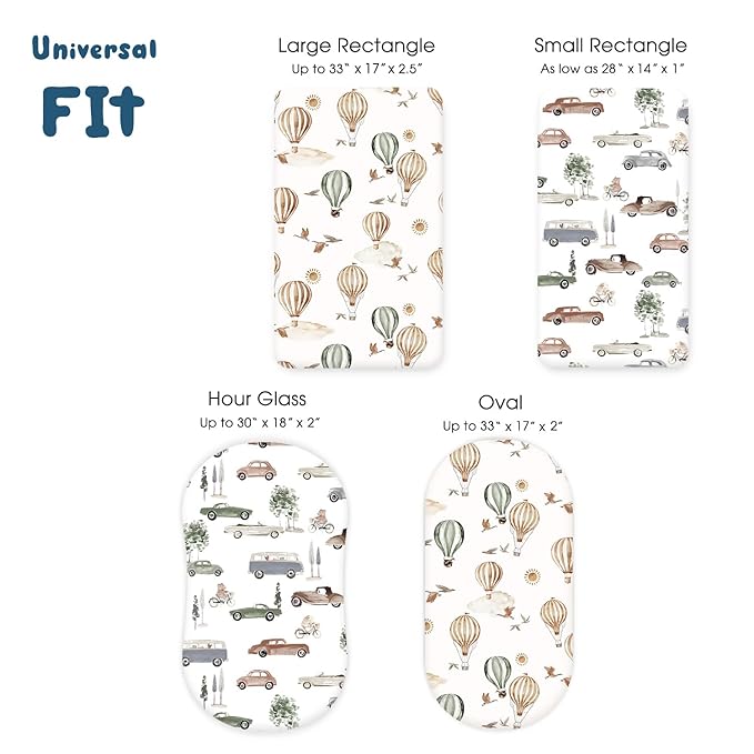 GRSSDER Stretchy Ultra Soft Fitted Bassinet Sheet Set 2 Pack, Universal Fitted for Bassinets Baby Cradle Moses Basket Oval Rectangle Mattress Safe and Snug, Neutral Pattern of Cars Print