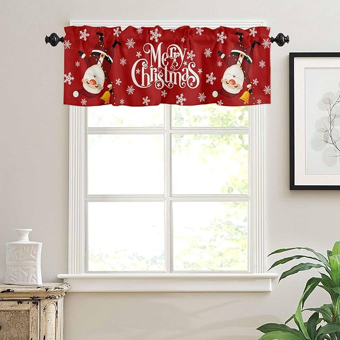 Red Merry Christmas Valance Curtains for Kitchen Windows Funny Hanging Santa Rod Pocket Window Treatment Toppers for Kitchen/Living Room/Bedroom/Bathroom, 60" X 18", Snow Winter Holiday