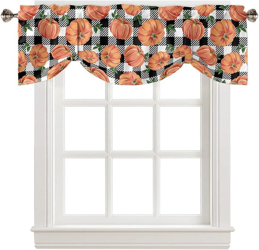 Fall Blackout Tie Up Valance Curtains for Kitchen Windows Thanksgiving Halloween Pumpkins Window Toppers Balloon Shades for Living Room/Bathroom/Bedroom,54" X 18" Farmhouse Black White Buffalo Plaid