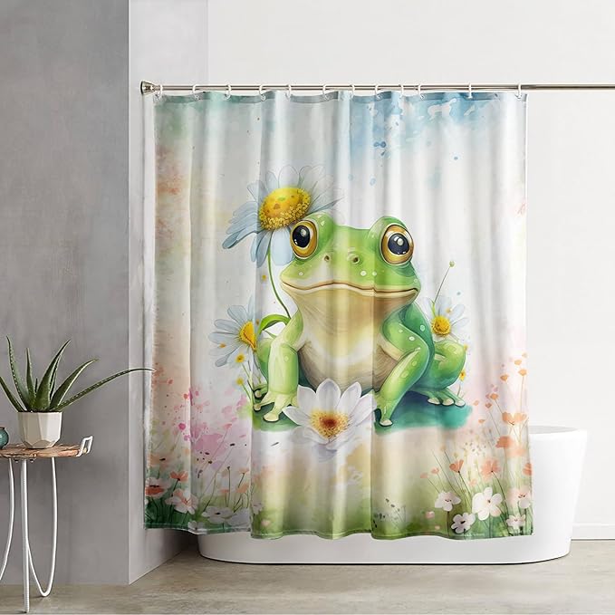 AILONEN Cartoon Frog Shower Curtain Set for Bathroom,Green Frog Bath Curtain,Amphibian Animal Shower Curtain,Tie Dye Flowers Waterproof Fabric Shower Curtain with Hooks,72" W*84" H