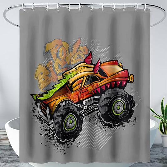 AILONEN Truck Shower Curtain for Kids Boys Teens,Red Monster Truck Bath Curtain for Bathroom Decor,Jam Truck Polyester Waterproof with 12 Plastic Hooks 72" W*96" H