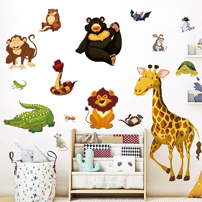 Jungle Animals Wall Decals Woodland Animals Wall Stickers Giraffe Lion Crocodile Bear Wall Sticker Removable DIY Peel and Stick Mural Art Decor for Kids Baby Bedroom Living Room