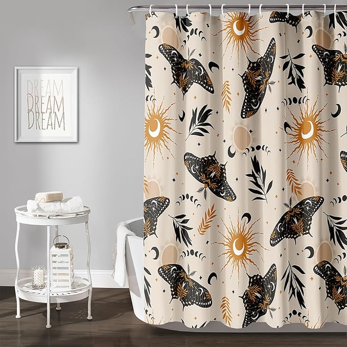 AILONEN Moth Shower Curtain,Sun and Moon Death Moth Bath Curtain for Bathroom Decor,Polyester Waterproof with 12 Plastic Hooks 72" W*72" H