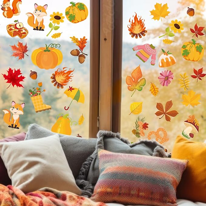 Fall Window Clings Autumn Maple Leaf Window Static Stickers Double-Sided Leaves Pumpkin Turkey Window Door Cling Removable Reusable Window Stickers Thanksgiving Party Window Door Decor
