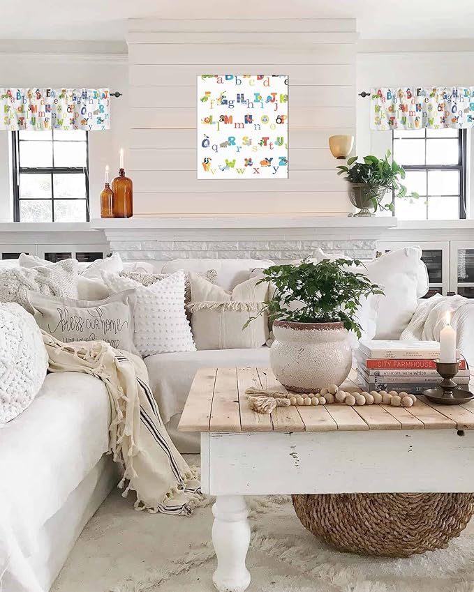 Vandarllin Cute Animals Alphabet for Kids Kitchen Curtains Valances for Windows Colorful Printed Rod Pocket Window Treatment for Kitchen/Living Room/Bedroom/Bathroom,60" X 18" -1 Panel,