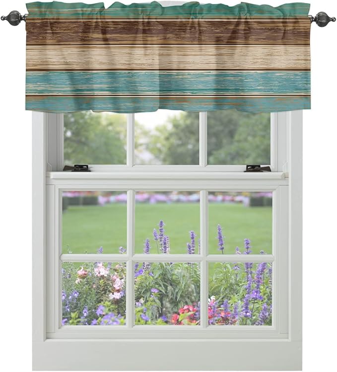 Farmhouse Kitchen Curtains Valances for Windows Teal Turquoise Green Brown Country Rod Pocket Window Treatment for Kitchen /Living Room/Bedroom/ Bathroom,60" X 18" -1 Panel, Retro Rustic Barn Wood