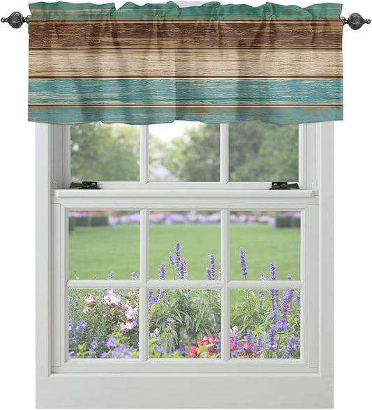 Farmhouse Kitchen Curtains Valances for Windows Teal Turquoise Green Brown Country Rod Pocket Window Treatment for Kitchen /Living Room/Bedroom/ Bathroom,60" X 18" -1 Panel, Retro Rustic Barn Wood