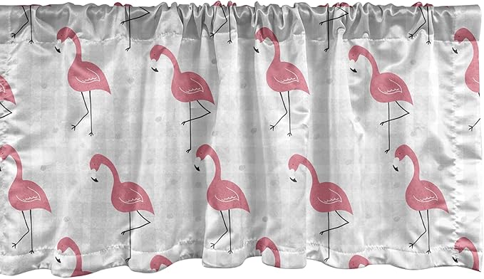 Ambesonne Pink Flamingo Window Valance Pack of 2, Cartoon Birds on Pastel Colored Checkered Background Wild Nature, Rod Pocket Curtain Valances for Kitchen Bedroom, 54" X 12", Coral Grey